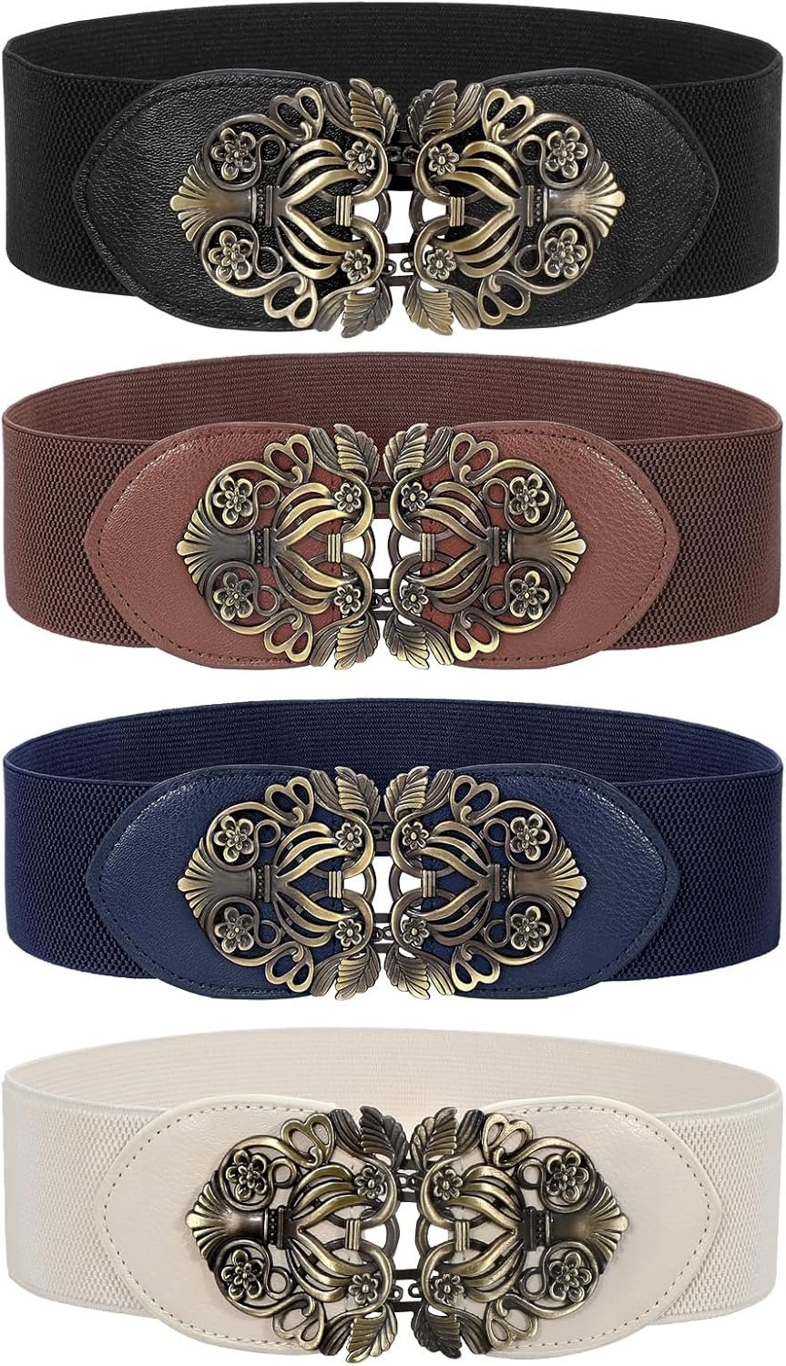 LEACOOLKEY 4 Pack Women Vintage Wide Waist Belts for Dress, Elastic Cinch Belt with Retro Interlocking Buckle