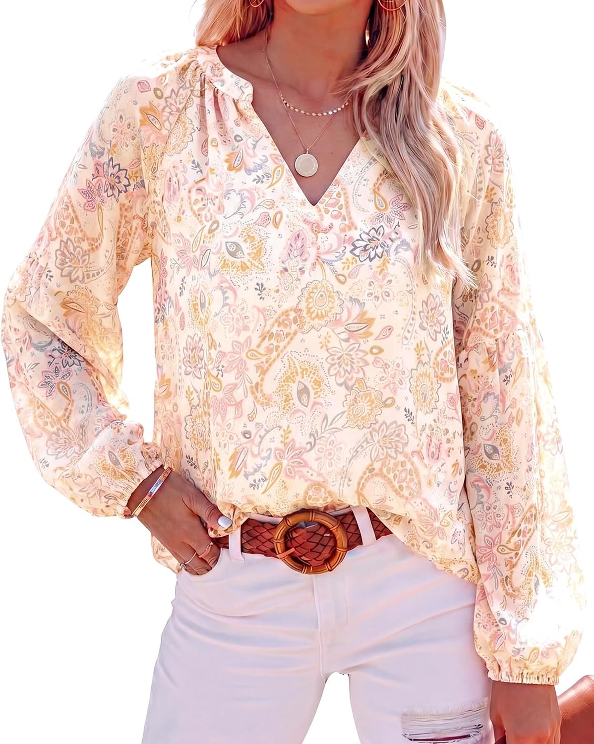 BTFBM Blouses for Women Dressy Casual Floral Summer Boho Tops V Neck Lightweight Long Sleeve Shirts Fall Clothes 2026