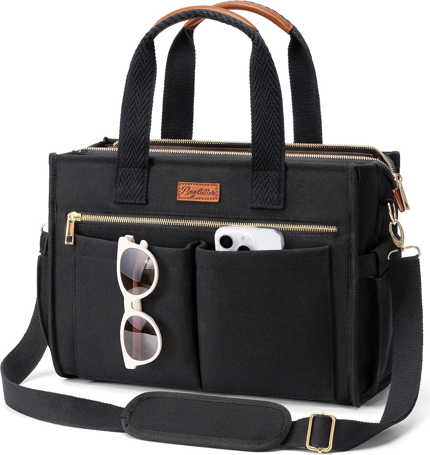 Canvas Tote Bag for Women, 15-Pockets Work Laptop Tote Purse Large Crossbody Nurse Teacher Bible Bag for School Travel Daily | with Strap & Zipper