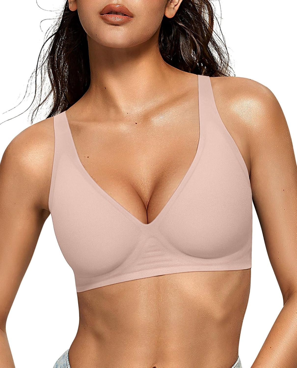 OEAK Womens Deep V Bras Wireless Comfortable Bra Supportive No Underwire Bras Tshirt Push Up Bralettes Plunge Seamless Bra