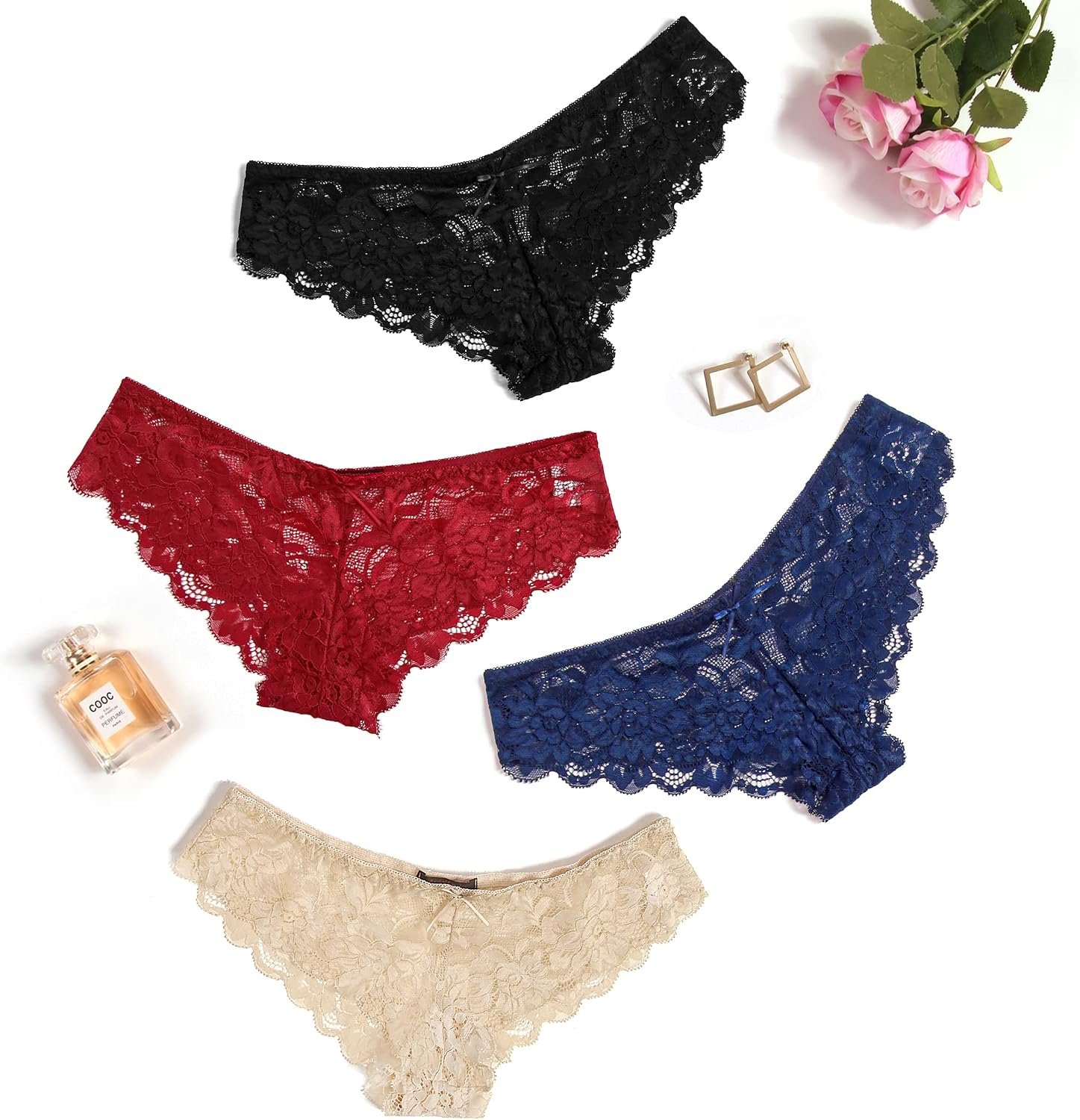 Avidlove Women Floral Lace Panties Sexy Hipster Underwear Cheeky Bikini Panties V-Shape Waistband Tangas