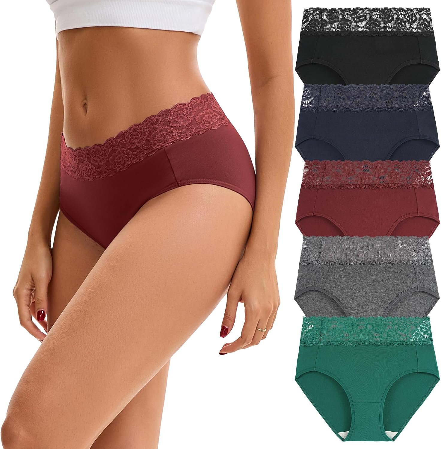INNERSY Womens Cotton Underwear Lace Bikini Hipster Panties for Women High Waisted Ladies Briefs 5 Pack