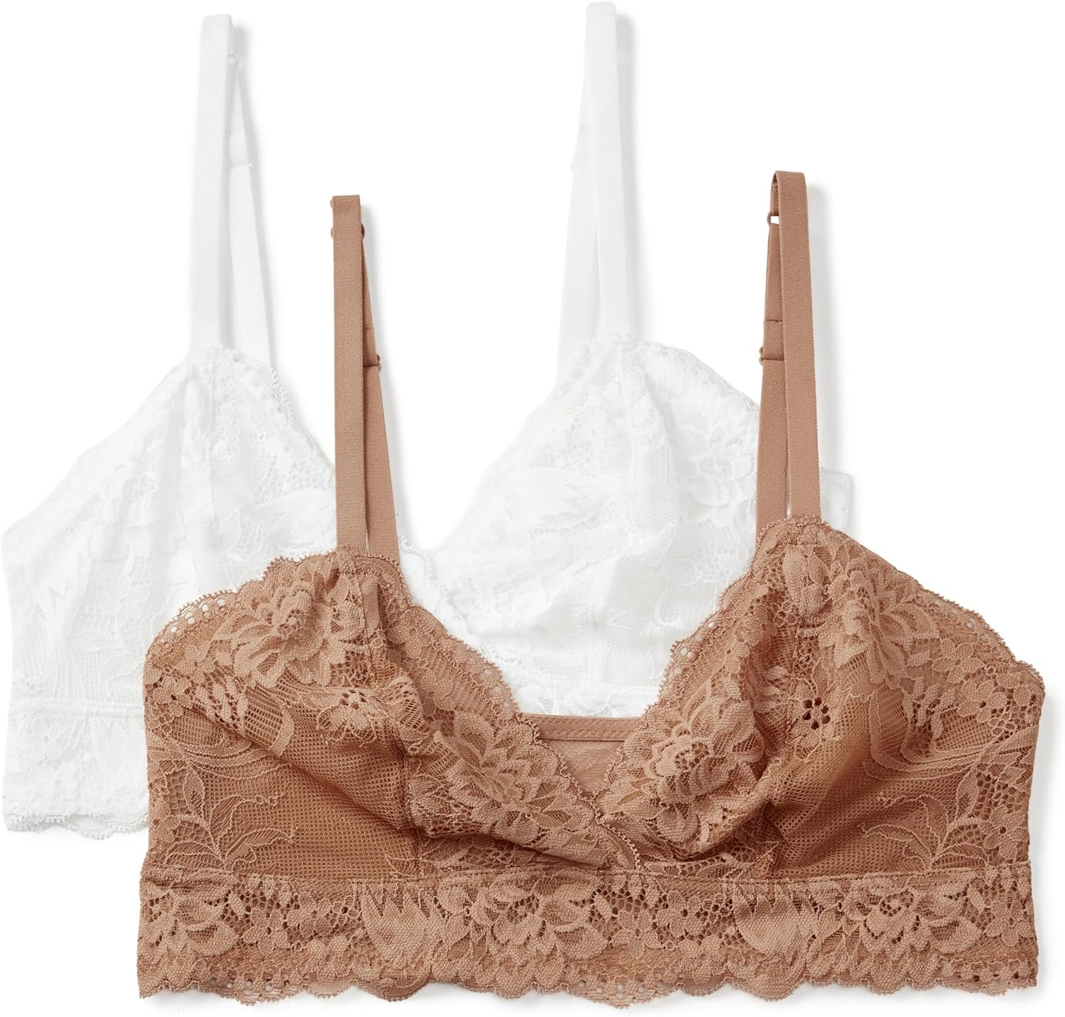Amazon Essentials Women’s Stretch Galloon Lace Unlined Longline Triangle Bralette, Non-Wired, Pack of 2