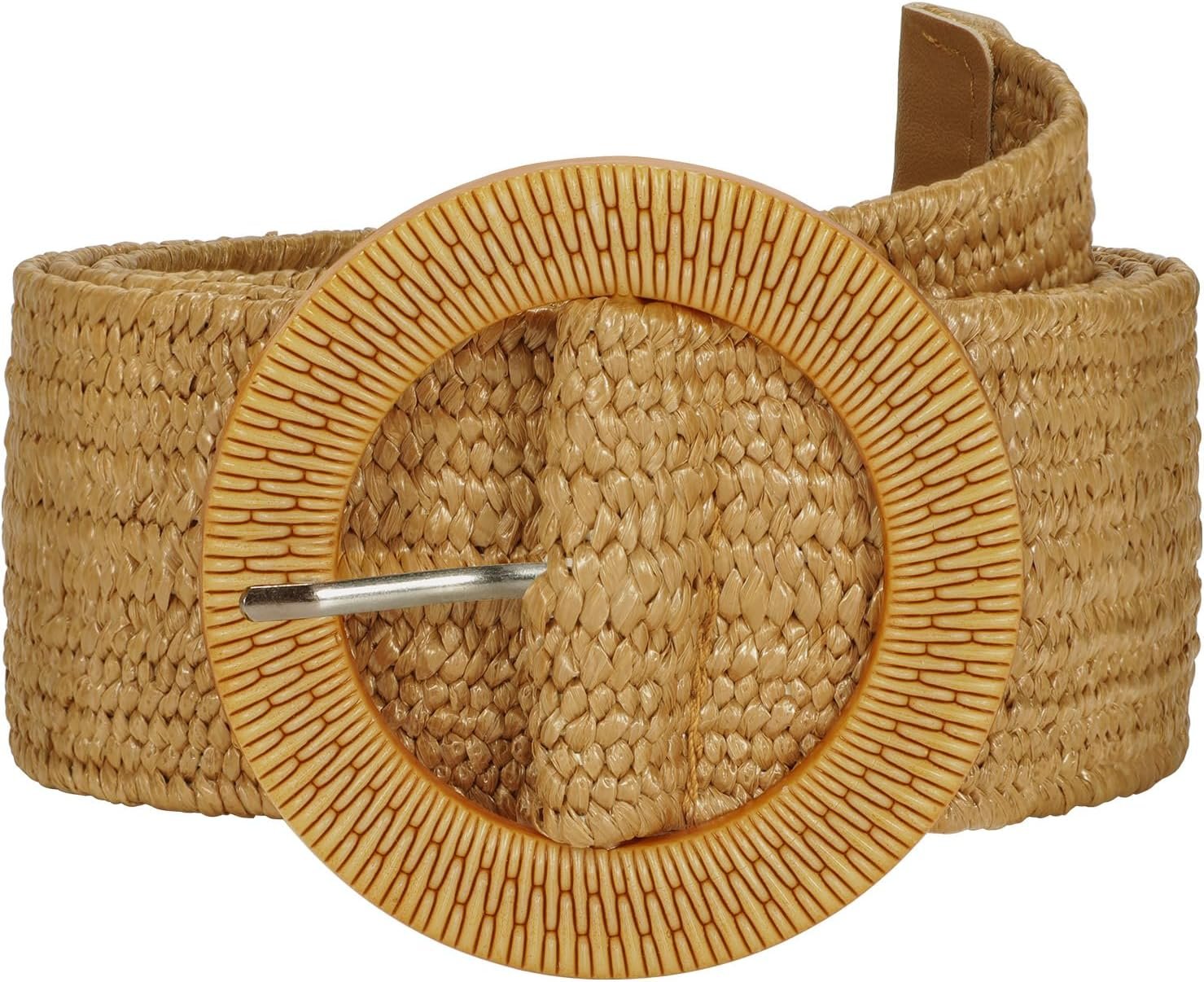 SUOSDEY Straw Woven stretchy Waist Belt for Women Dresses,Wide Boho Braided Elastic Belt with Round Buckle