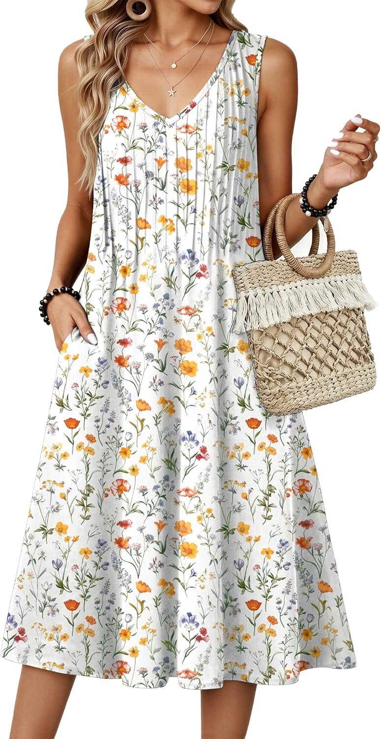 Zeagoo Women Summer Casual Dresses 2026 Sleeveless Midi Pleated Tank Sundress with Pockets V Neck A Line Swing Tshirt Dress
