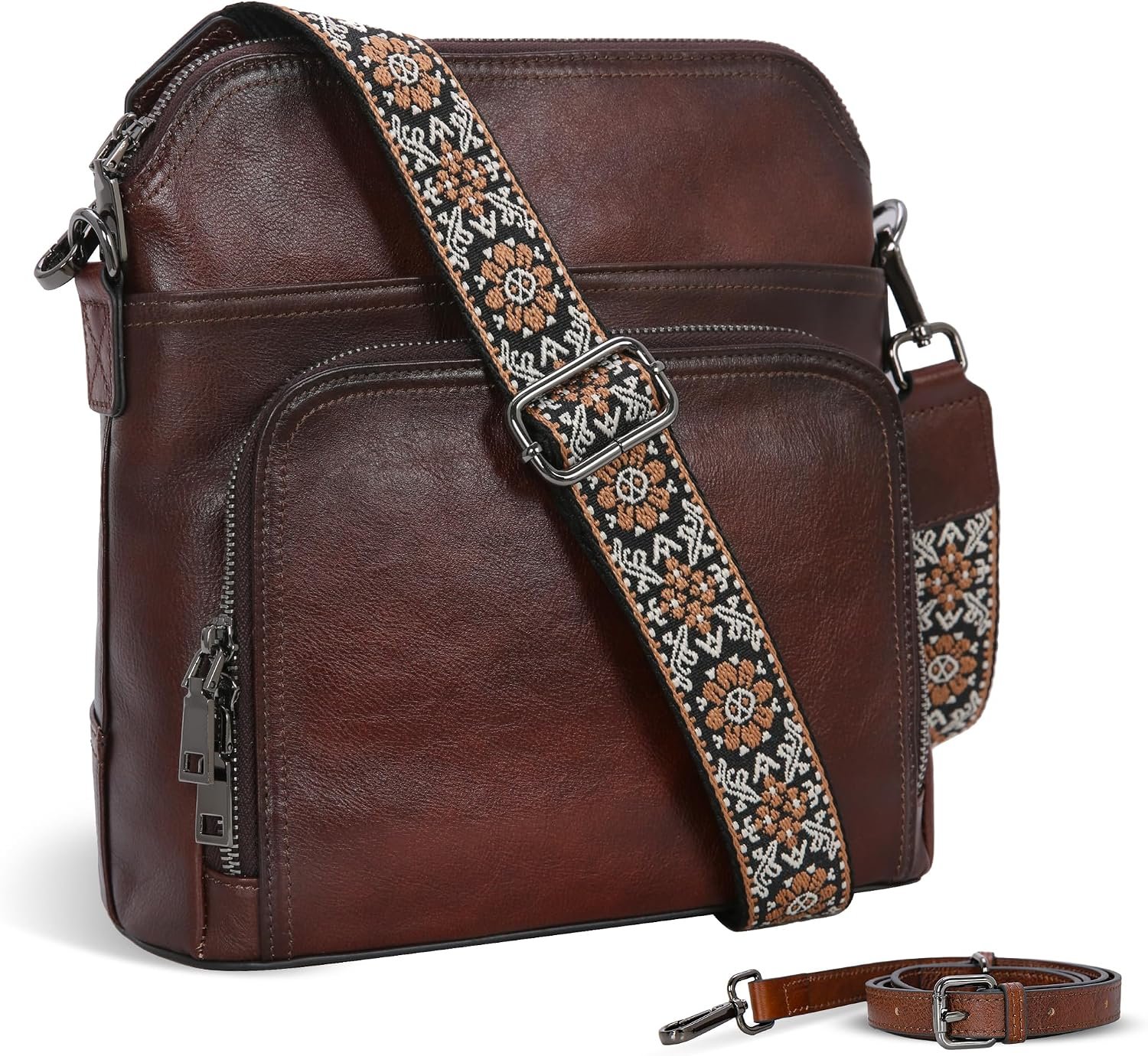 Iswee Leather Crossbody Bags for Women Multi Pockets Medium Shoulder Bag Lightweight Functional Travel Purse