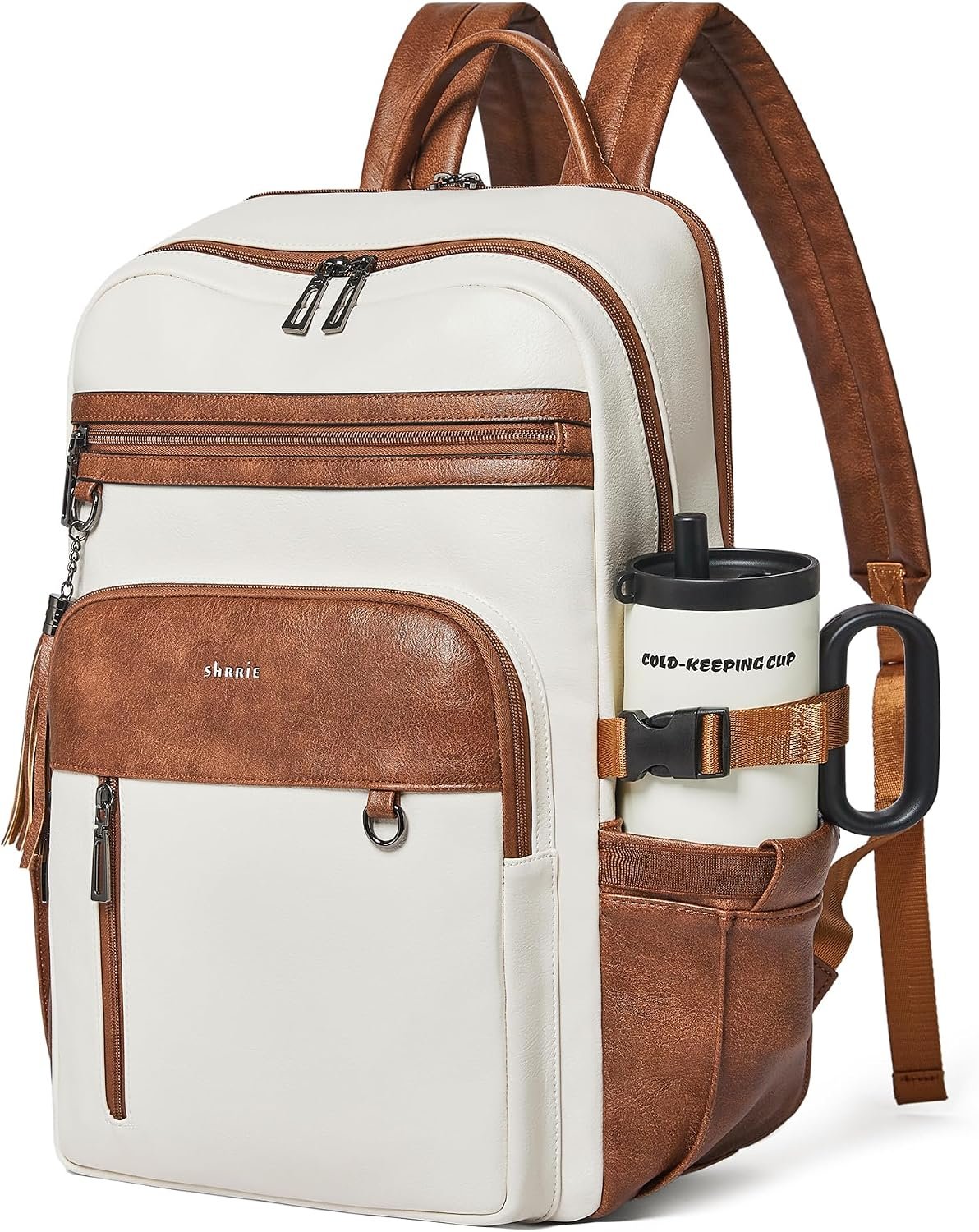 Shrrie Vegan Leather Laptop Backpack for Women,17 Inch Computer Backpack Purse for Work Business College Travel Teacher Nurse with Anti-theft Pocket & Giant Tumbler Holder Pocket,Beige with Brown