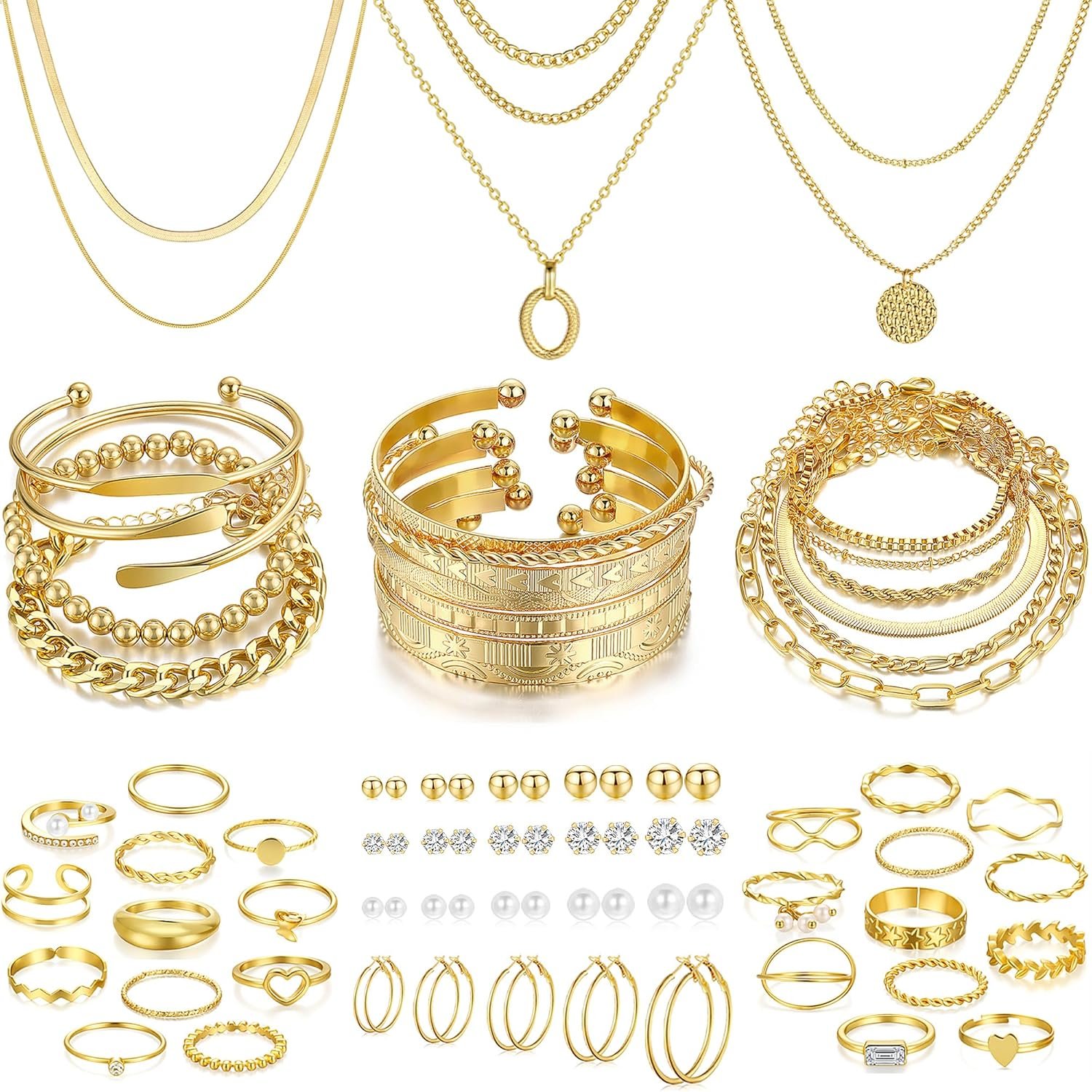 FAXHION 68 Pcs Gold Jewelry Set for Women with 7 Necklace, 17 Bracelet, 5 Hoop Earrings, 15 Stud Earrings, 24 Knuckle Rings for Women Jewelry Set for Women Gift