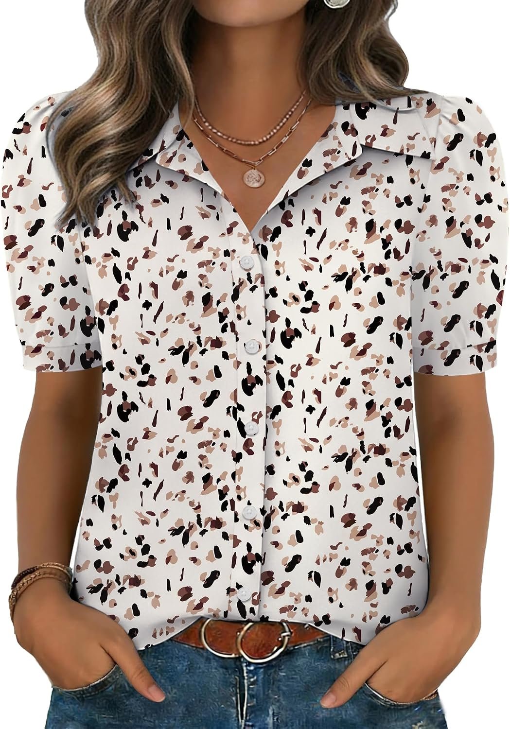 Zeagoo Women Button Down Shirts Puff Short Sleeve Blouses Chiffon Tops Business Casual Outfits Summer Clothes