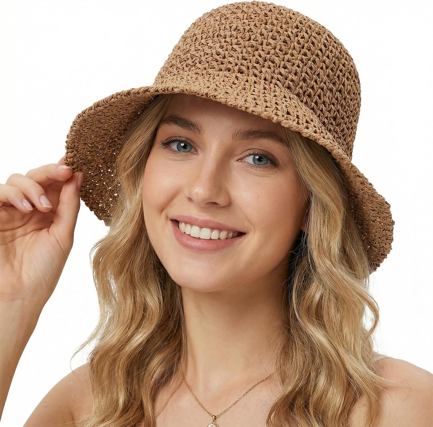 Floppy Womens Beach Hat, Packable Sun Hat, Straw Bucket Hats, Foldable Summer Wide Brim Hats for Travel UV Protection(Khaki)