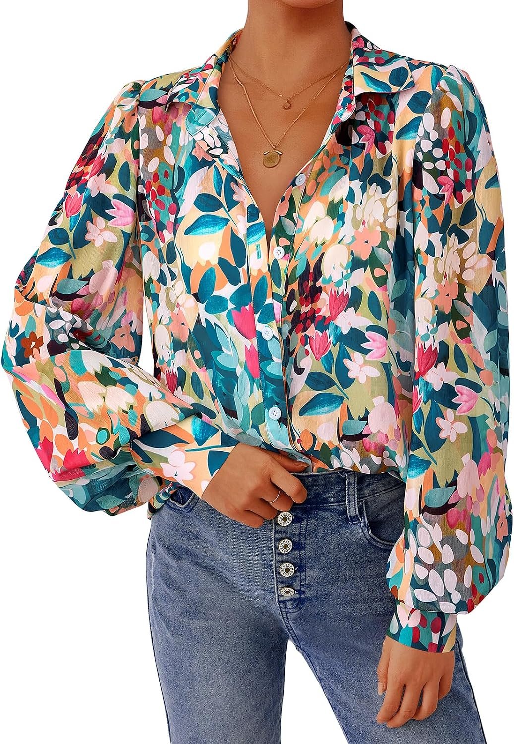 PRETTYGARDEN Women’s Floral Blouses Dressy Casual V Neck Button Down Shirts Lantern Long Sleeve Boho Chiffon Fall Tops 2026