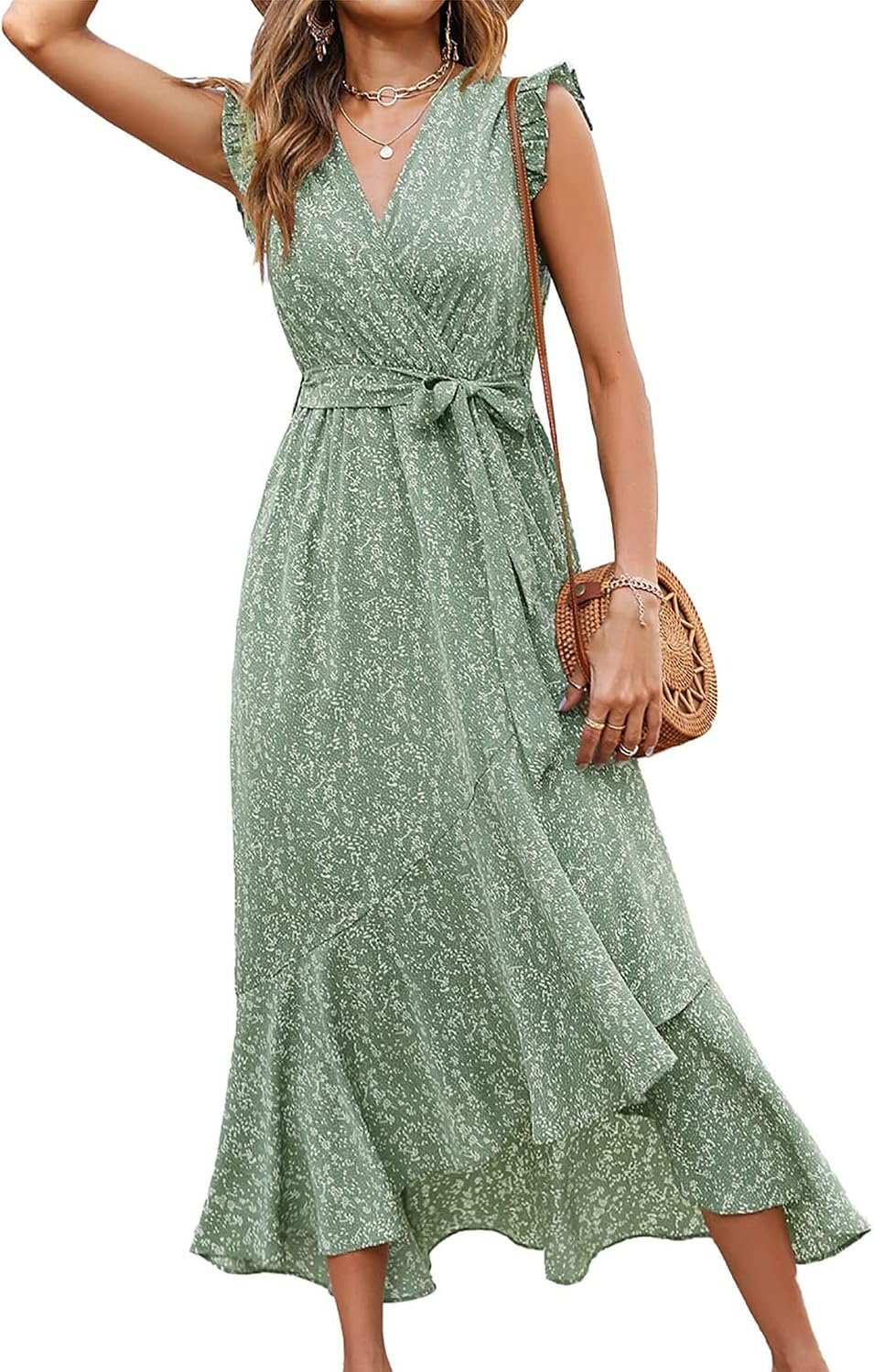 BTFBM Womens Boho Maxi Dress 2026 Summer Floral Vacation Ruffle Sleeve V Neck Wrap Spring Beach Wedding Guest Dresses