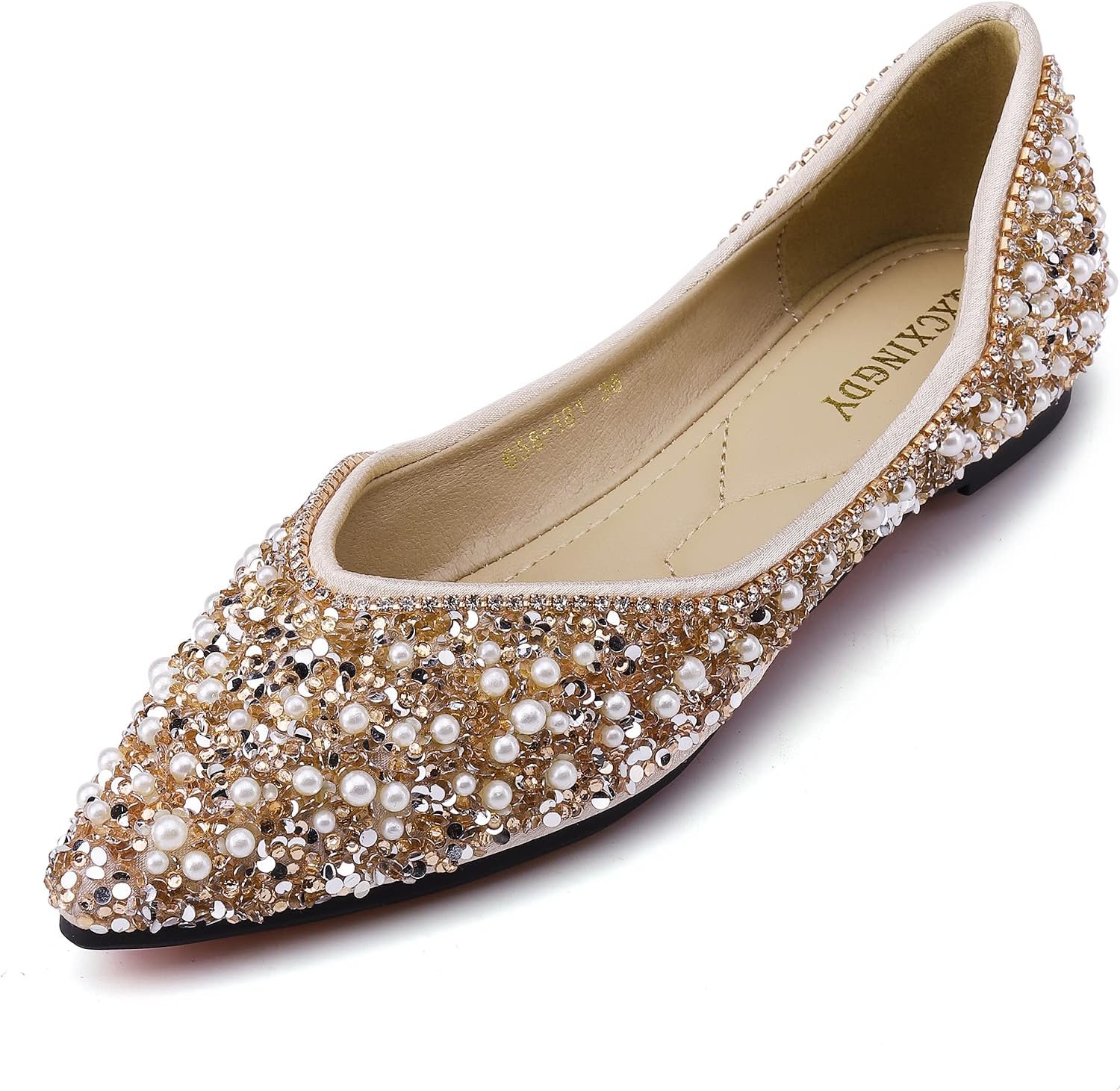 Women’s Rhinestone Flats Fashion Pointed Toe Pearl Diamond Low Heel Dress Wedding Flats Work Business Dance Ballet Flats