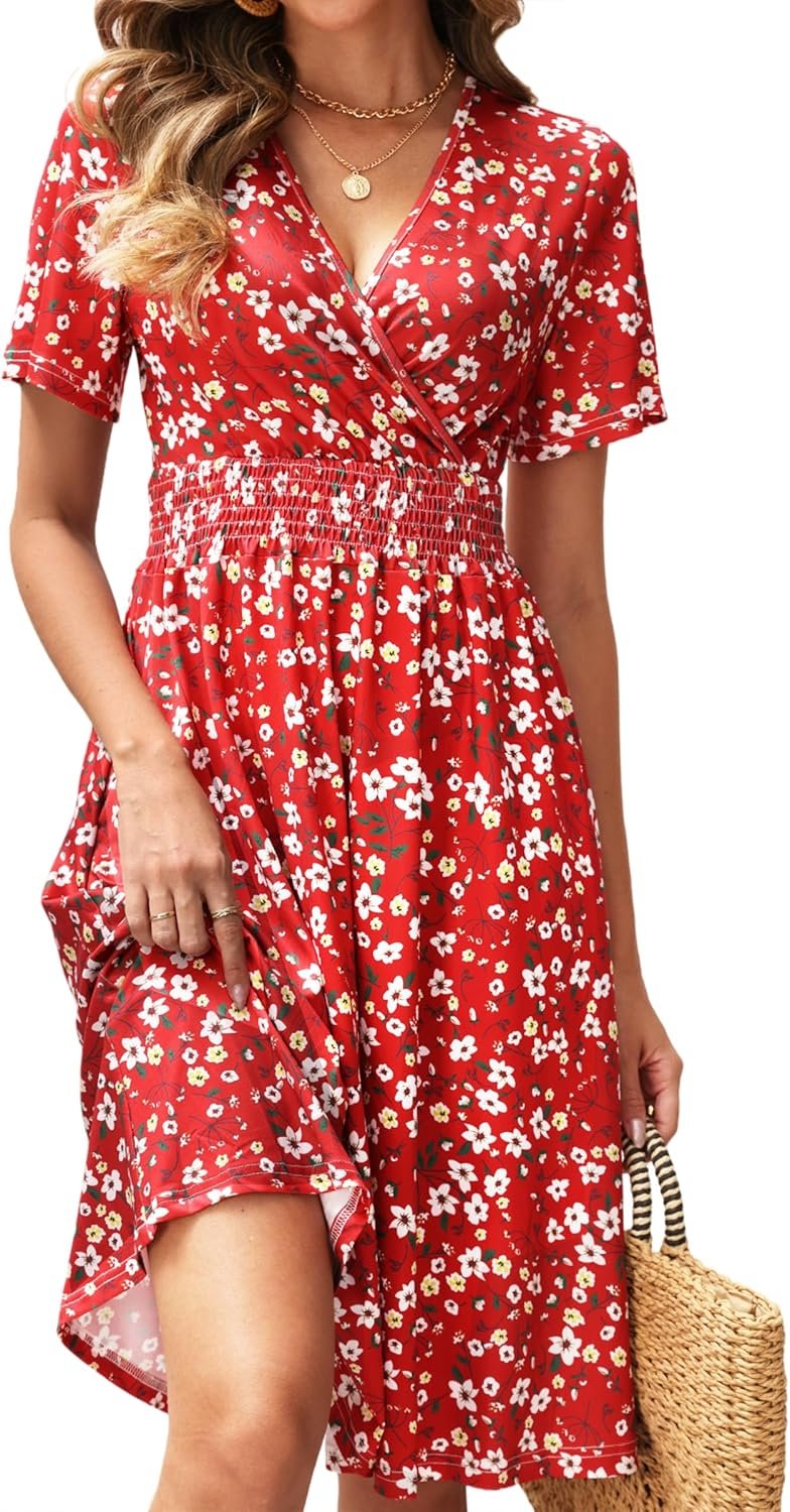 Womens Midi Floral Dress – Short Sleeve Wrap V-Neck Summer Dress with Smocked Waist – A-Line Spring Dress with Pockets