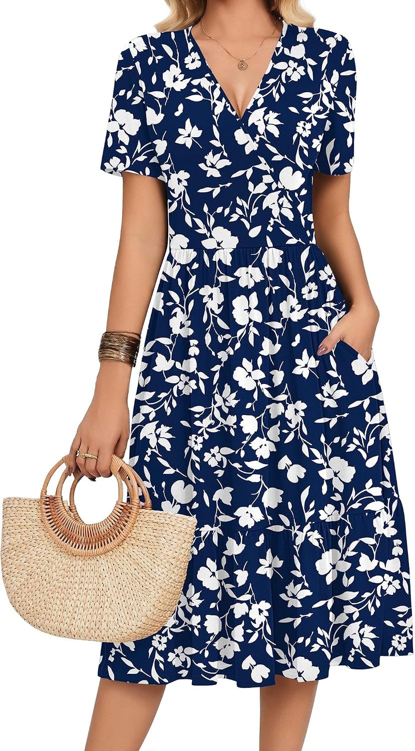 Zeagoo Womens Summer Casual Dresses Short Sleeve Midi Warp V-Neck Floral Dress with Pockets Tiered Flowy A Line Sundress