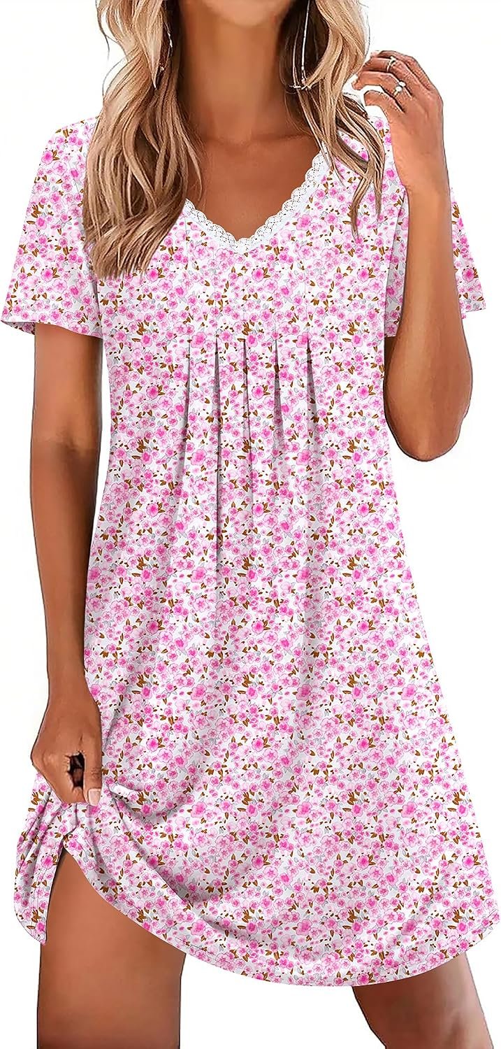 Ekouaer Nightgowns for Women Cotton Night Gowns Short Sleeve Pleated Sleep Shirts Lace Trim Moo Moos Ladies Sleepwear