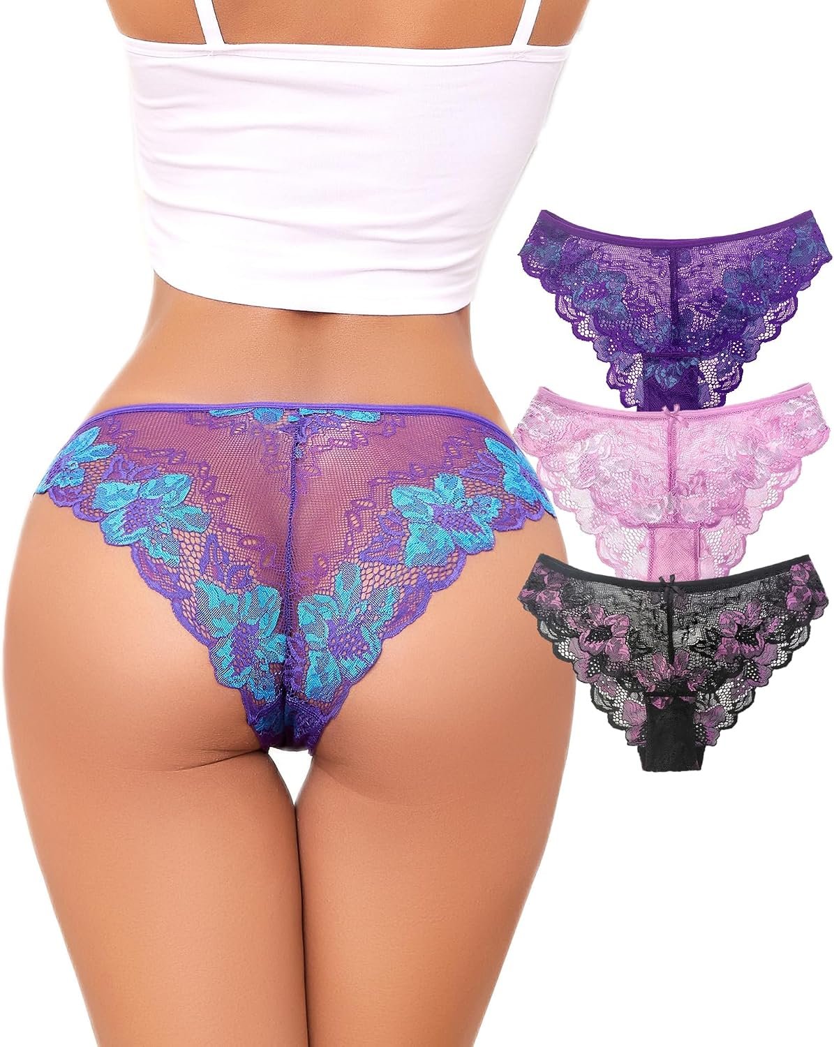 Lace Underwear for Women Sexy Cheeky Panty Seamless Women’s Underwear Hipster Ladies No Show Breathable Bikini 3 Pack