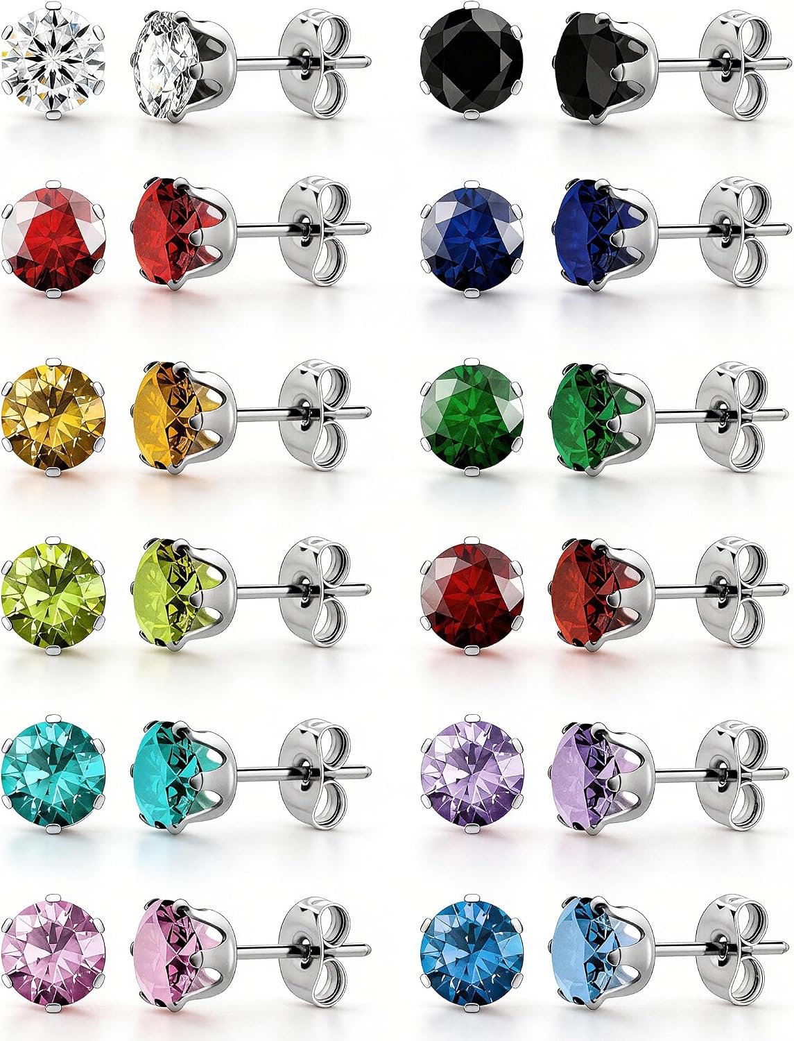 12 Pairs Silver Earrings Surgical Steel Earrings Women’s Earrings Hypoallergenic Earrings Set Men’s Earrings 12 Colors CubicZirconia Studs Earrings