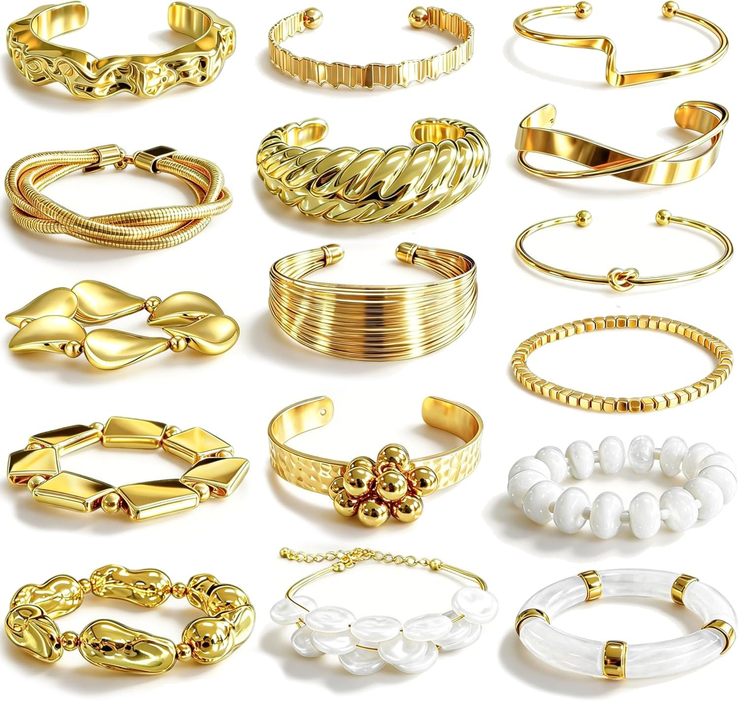16 Pcs Gold Bangle Bracelet for Women Stackable Twisted Beaded Pearl Irregular Vintage Boho Cuff Bracelets Adjustable Chunky Bracelet Set