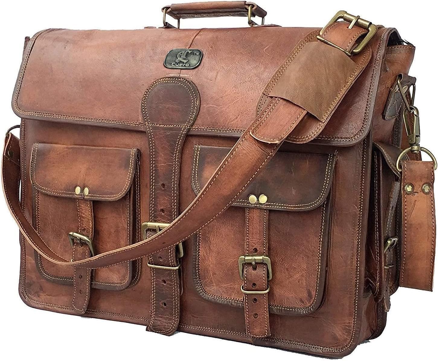 cuero Leather Messenger Bag for Men, 18 Inch Laptop Crossbody, Handmade Leather Shoulder Satchel Bag for Men, Full Grain Business Briefcase for Office/Work/Travel – Vintage Brown