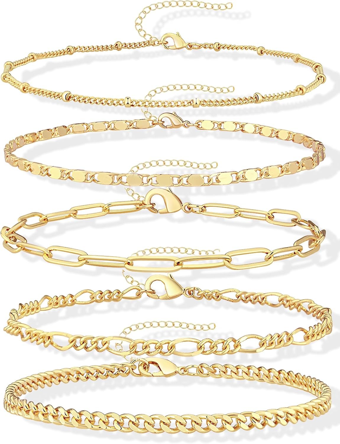 Gokeey Gold Bracelets Set for Women Non Tarnish Trendy,14K Gold Plated Dainty Stackable Paperclip Cuban Link Chain Bracelets, Simple Cute Cuff Bracelets Jewelry Set Adjustable 7″+2″