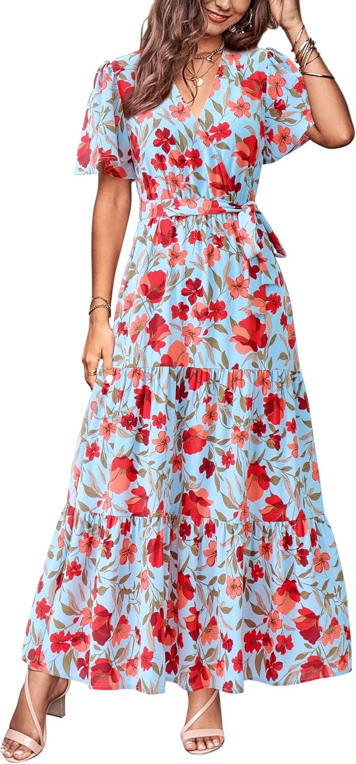 MASCOMODA Womens Summer Swiss Dot Maxi Dresses Wrap V Neck Flutter Short Sleeve Boho Casual Flowy Long Wedding Guest Dress
