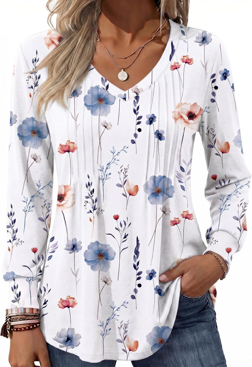 Zeagoo Women’s Puff Long Sleeve Shirts Pleated V Neck Fall Tunic Tops Blouse Dressy Casual Summer T-Shirts
