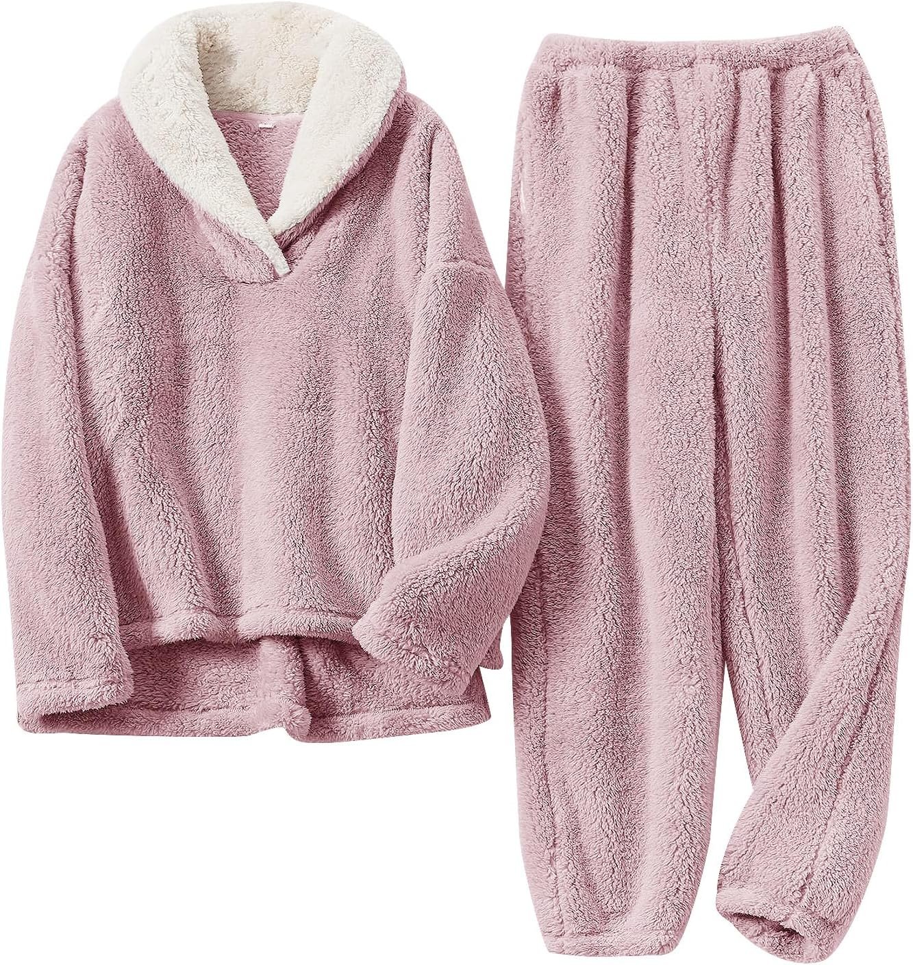BOSECETA Fluffy Pajamas for Women Set Soft Comfy Fleece Pjs Pullover Pants Loose Plush 2 Piece Sleepwear Fuzzy for Winter