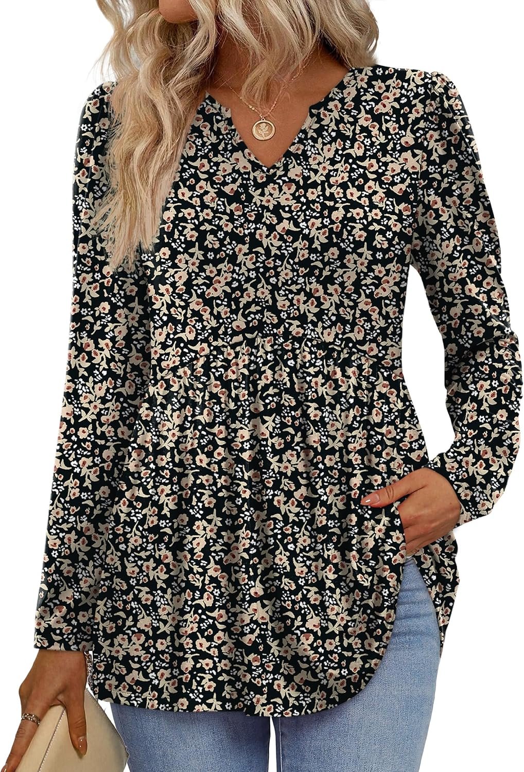 WIHOLL Womens Tops Long Sleeve Fall Shirts Babydoll Peplum Tops for Women V Neck Tunic Dressy Casual Blouses