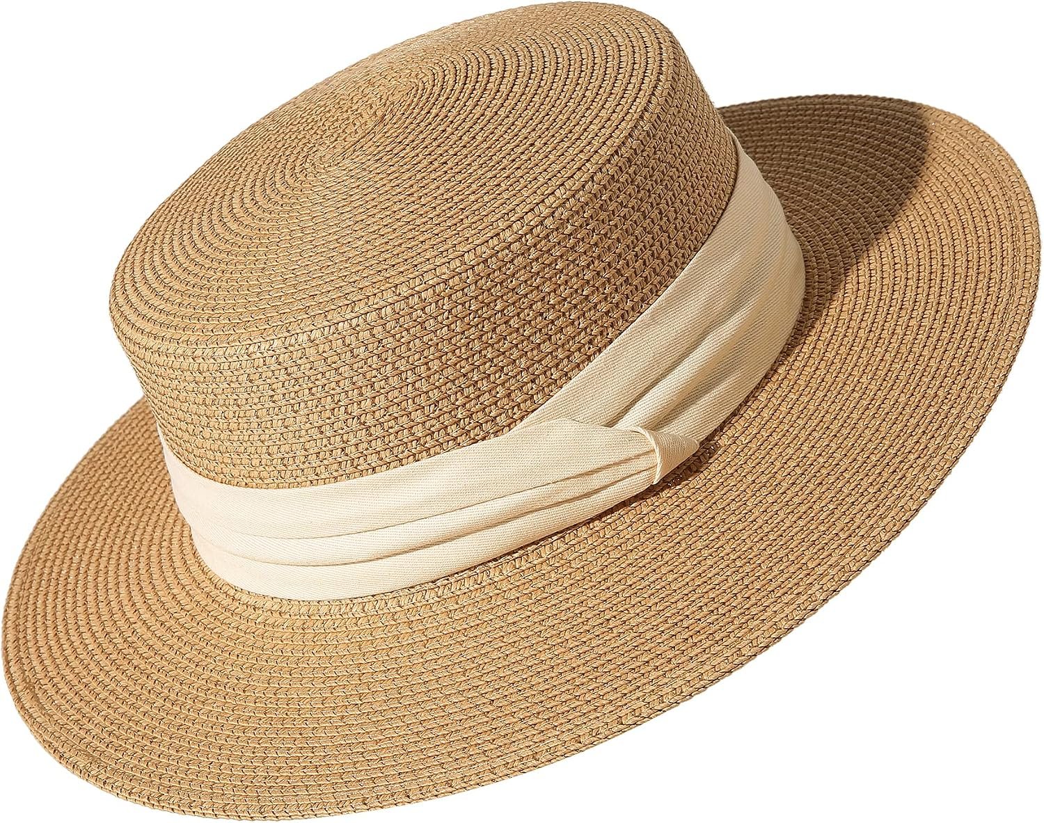 Lanzom Sun Hats for Women Wide Brim Straw Boater Hat Foldable Packable Beach Hat for Summer Fit Size 6 8/7-7 1/4