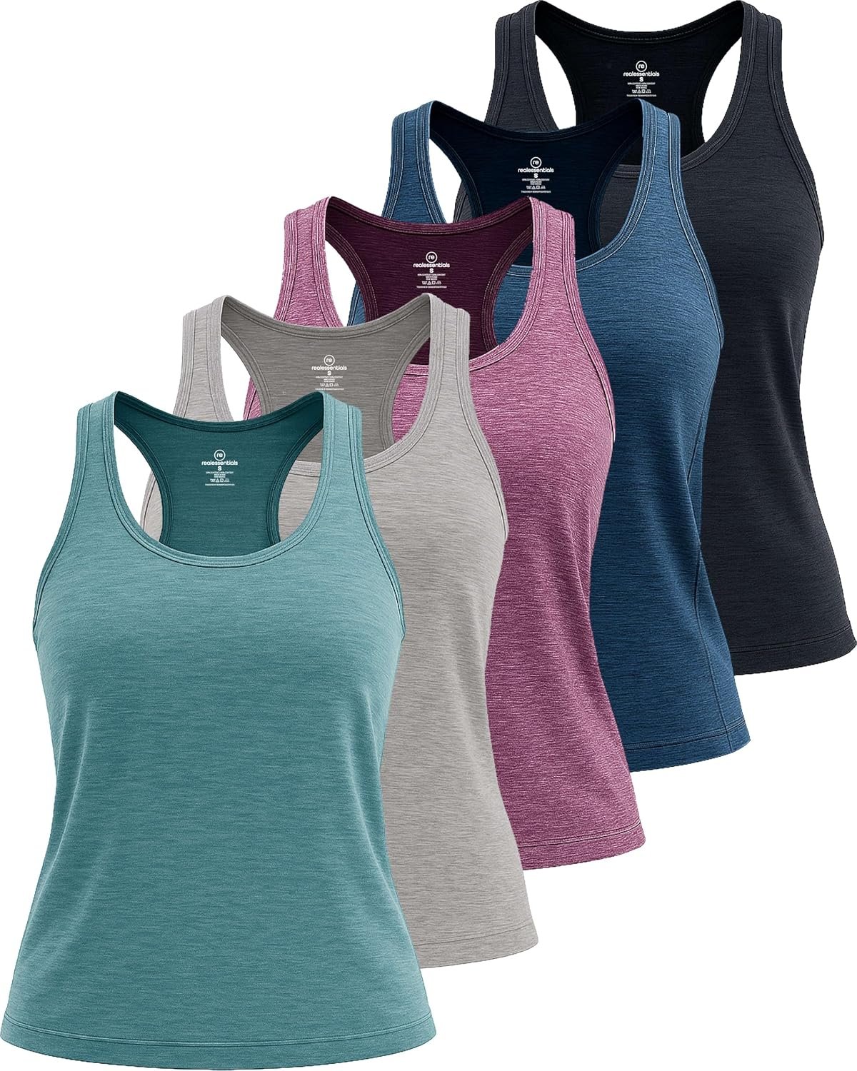 Real Essentials 5 Pack: Women’s Racerback Tank Top Dry-Fit Athletic Performance Yoga Activewear (Available in Plus Size)