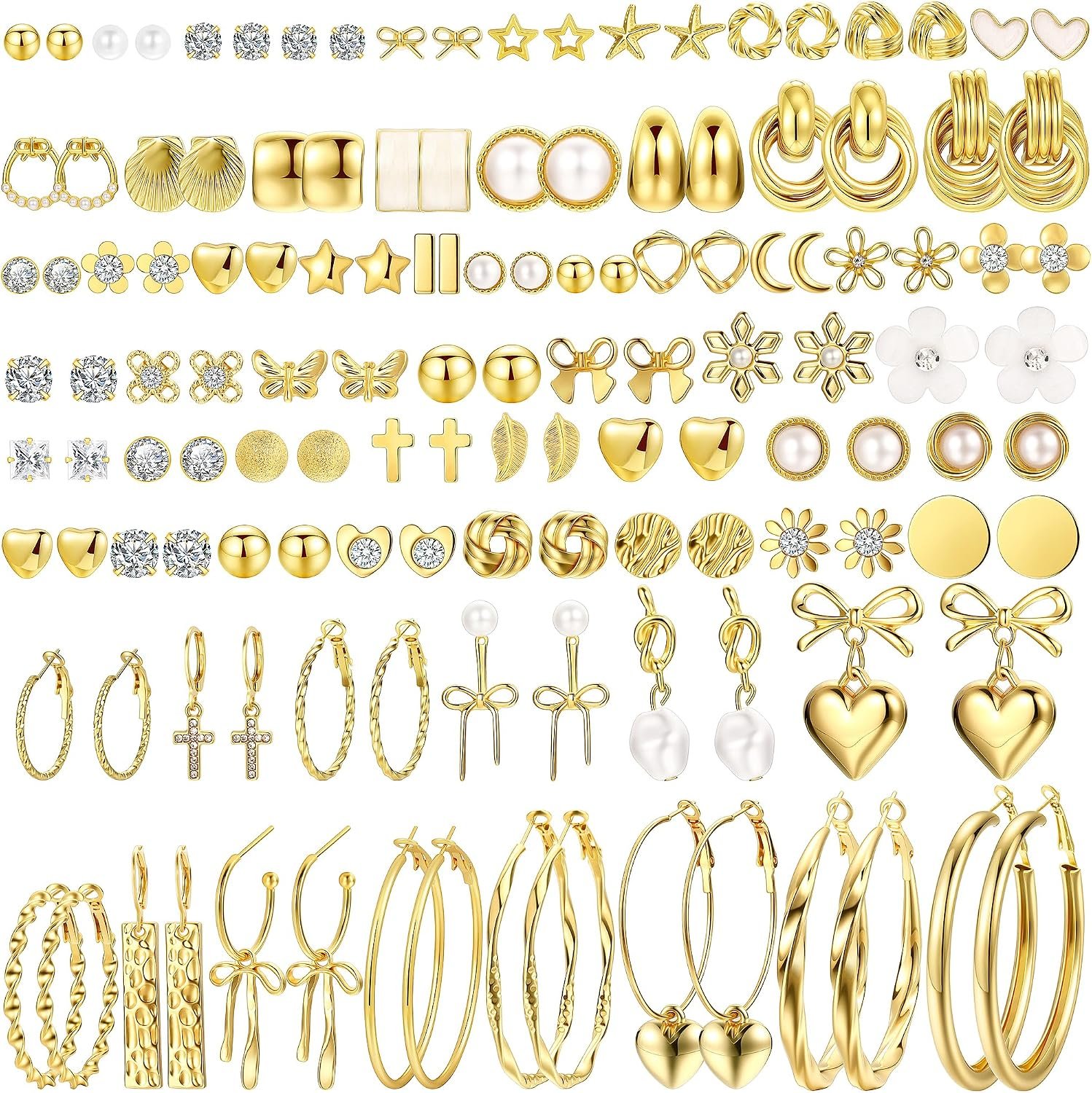 75 Pairs Gold Stud Earrings Set for Women, Trendy Hypoallergenic Pearl Cubic Zirconia Multiple Piercings Earrings Packs, Stud Hoops Earrings for Gift Jewelry