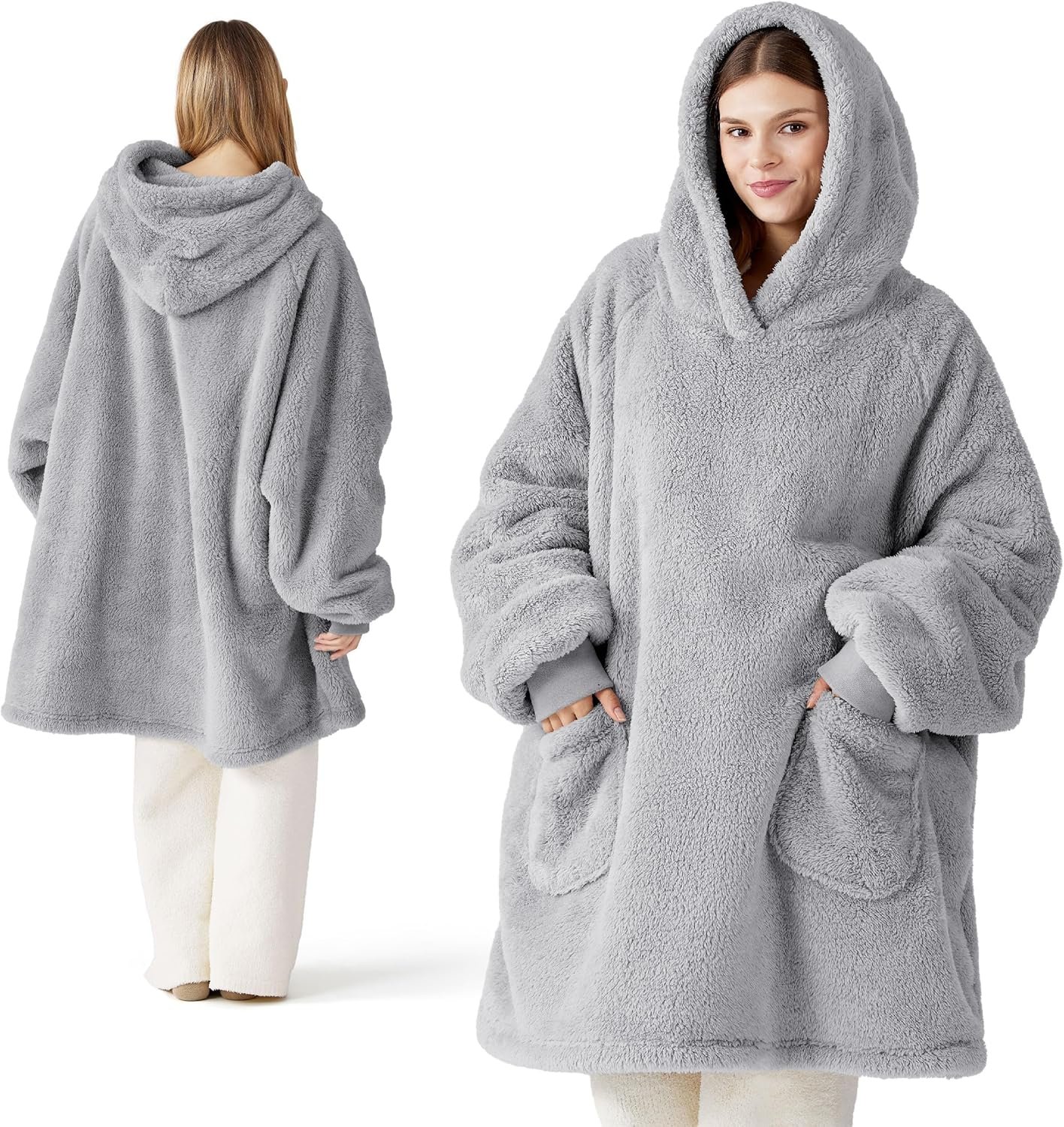 Bedsure Wearable Blanket Hoodies, Blanket Hoodie as Mothers Day Birthday Gifts for Mom Women, Warm Cozy Soft Sweatshirt Hooded Blankets for Women Men Adults, Grey, Standard