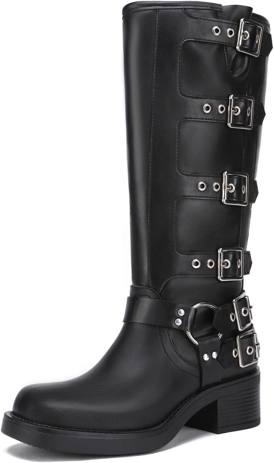 Women’s Knee High Riding Boots Fashion Buckle Square Toe Chunky Heel Wide Calf Biker Boots