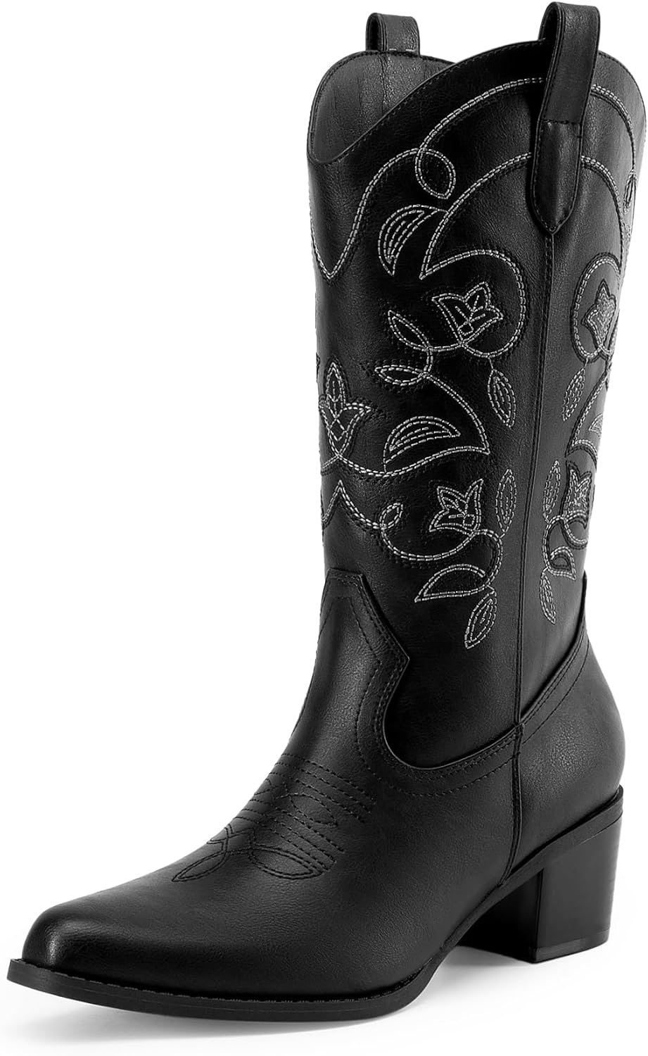 DREAM PAIRS Women’s Western Mid Calf Boots Cowboy | Square Toe Chunky Embroidered Boots, Suitable for Music Festivals and Everyday Outfits, Slip on Fashion Booties