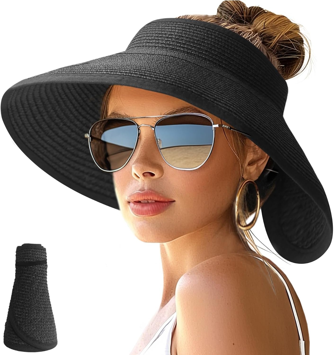 NPJY Sun Hats for Women Wide Brim Roll-Up Ponytail Packable Straw Visor